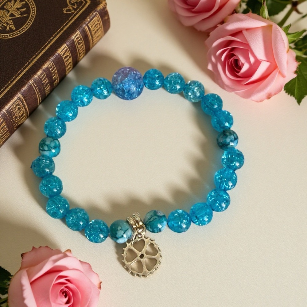 Hand Crafted Turquoise Blue Beaded Bracelet with Silver Gear Charm - Picture 3 of 3